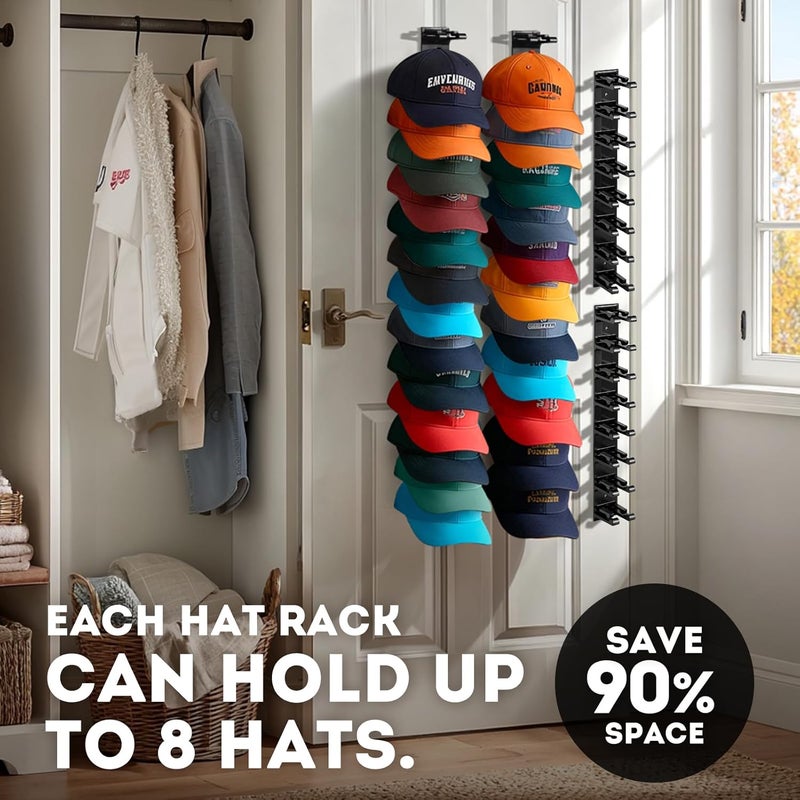 Hatisan Hat Organizer for Baseball Caps, 2 Pack Hat Rack for Wall Closet Door Hold up to 16 Hats,Hat Holder with Adhesive and 8 Screws, Hat Hanger Cap Holder Hat Hangers for Wall Closet Door Bedroom(A-Black) - Image 5